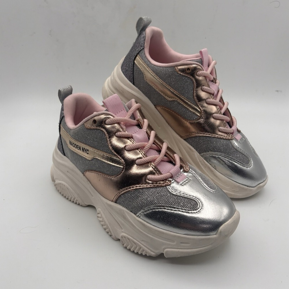 Madden NYC Teens Low Top Lace-Up Athletic Sneakers Pink Silver Gray Size 3